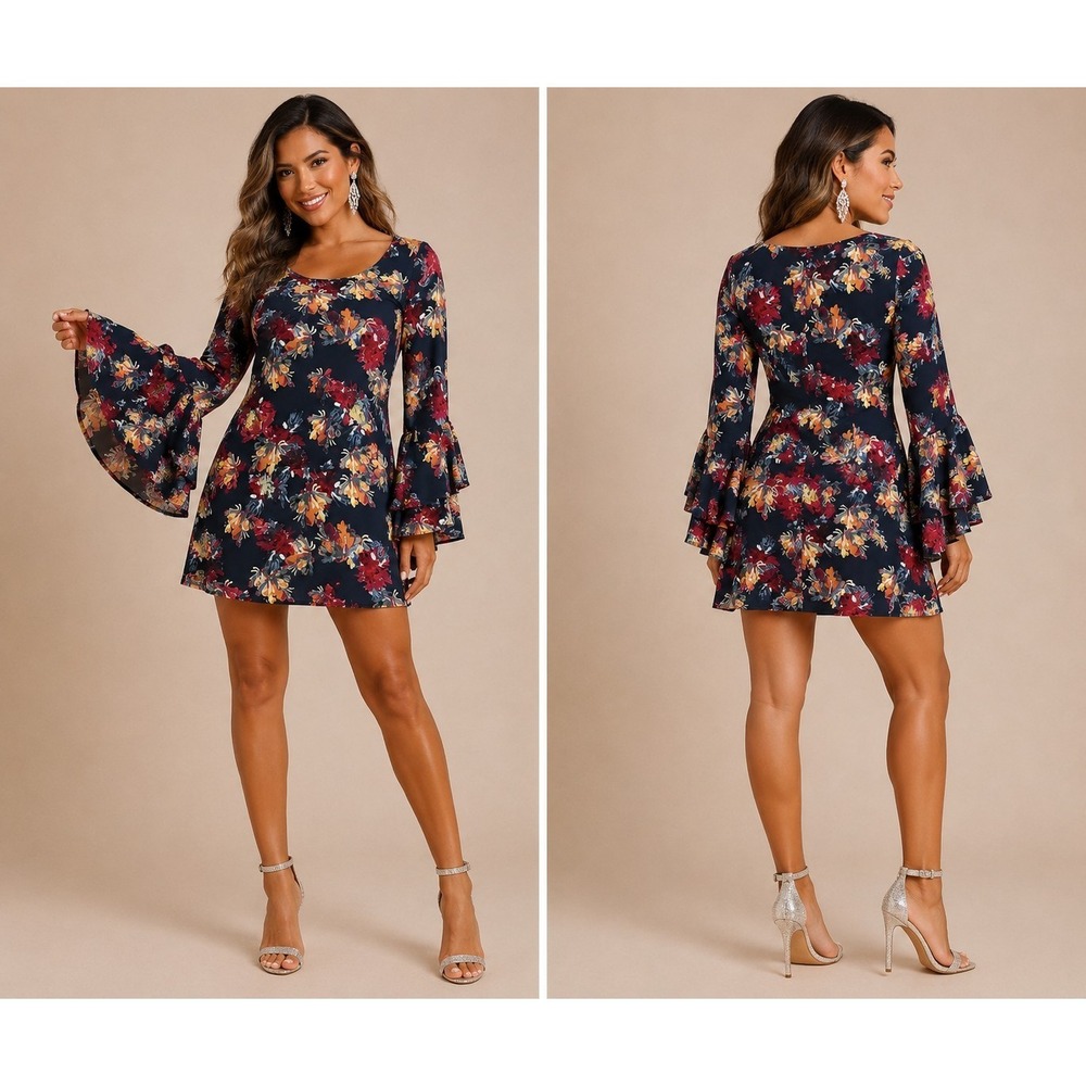 Paper‎ Crown Women's Floral Bell Sleeve Tunic Dress Top Blue Multicolor Small
